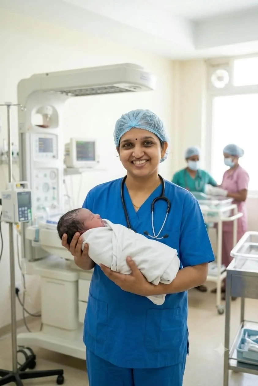 Dr. Pournamy Chandran caring for a newborn after delivery